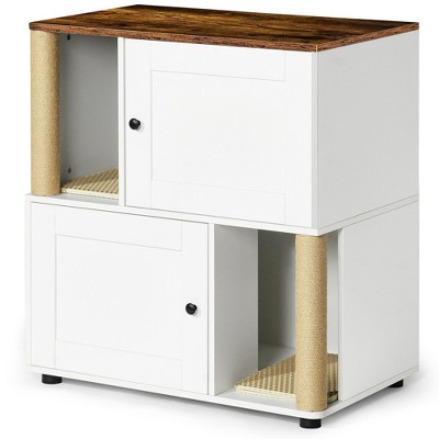 Lirago White Vintage Double Cat Litter Box Enclosure 31.5x19.7x34.5"-2-Tier Storage Shelf