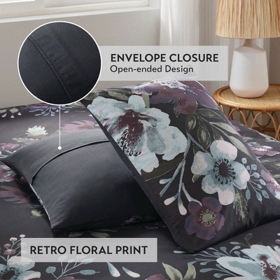 Dark Gray and Plum Floral Cotton Full Comforter Set