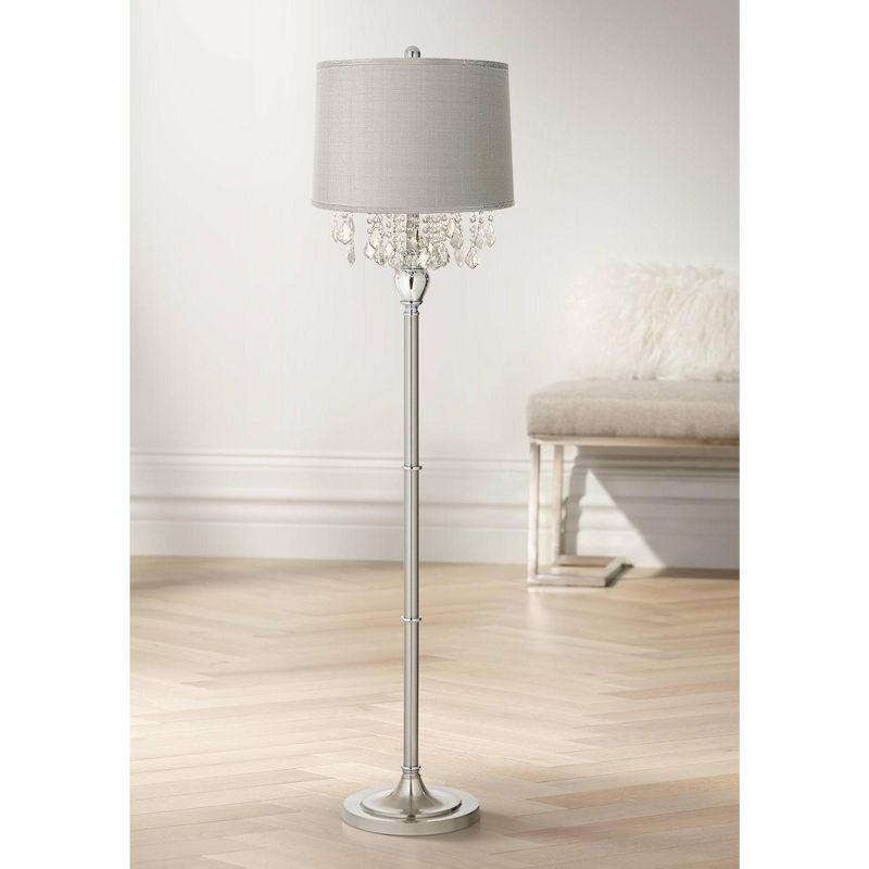 360 Lighting Modern Floor Lamp 62.5" Tall Satin Steel Chrome Crystal Chandelier Platinum Gray Silk Drum Shade for Living Room Reading Bedroom, 2 of 6