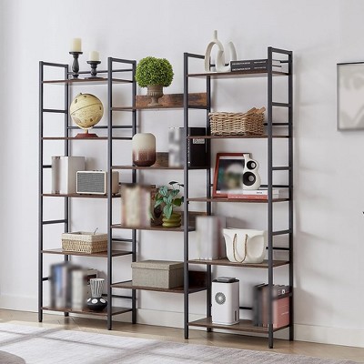 Triple Wide 5 Tier Bookshelf, Bookcases and Bookshelves, Metal Frame, Industrial Style Bookcases with 14 Open Display Shelves, for Bedroom Living Room