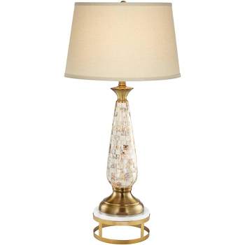 Barnes and Ivy Berach Coastal Table Lamp with Brass Round Riser 33 1/2" Tall Mother of Pearl Mosaic Drum Shade for Bedroom Living Room Bedside Office