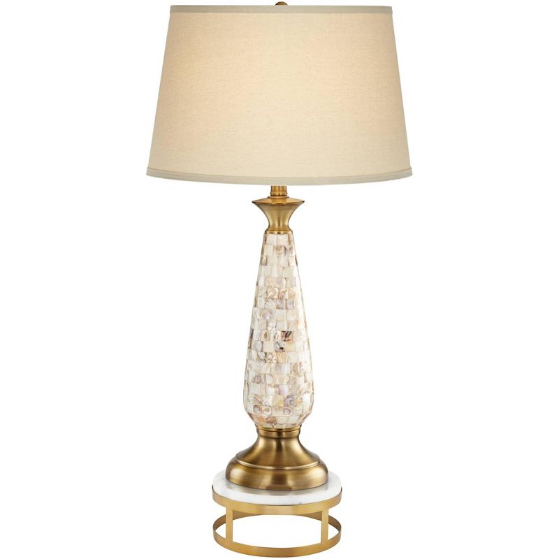 Barnes and Ivy Berach Coastal Table Lamp with Brass Round Riser 33 1/2" Tall Mother of Pearl Mosaic Drum Shade for Bedroom Living Room Bedside Office, 1 of 6