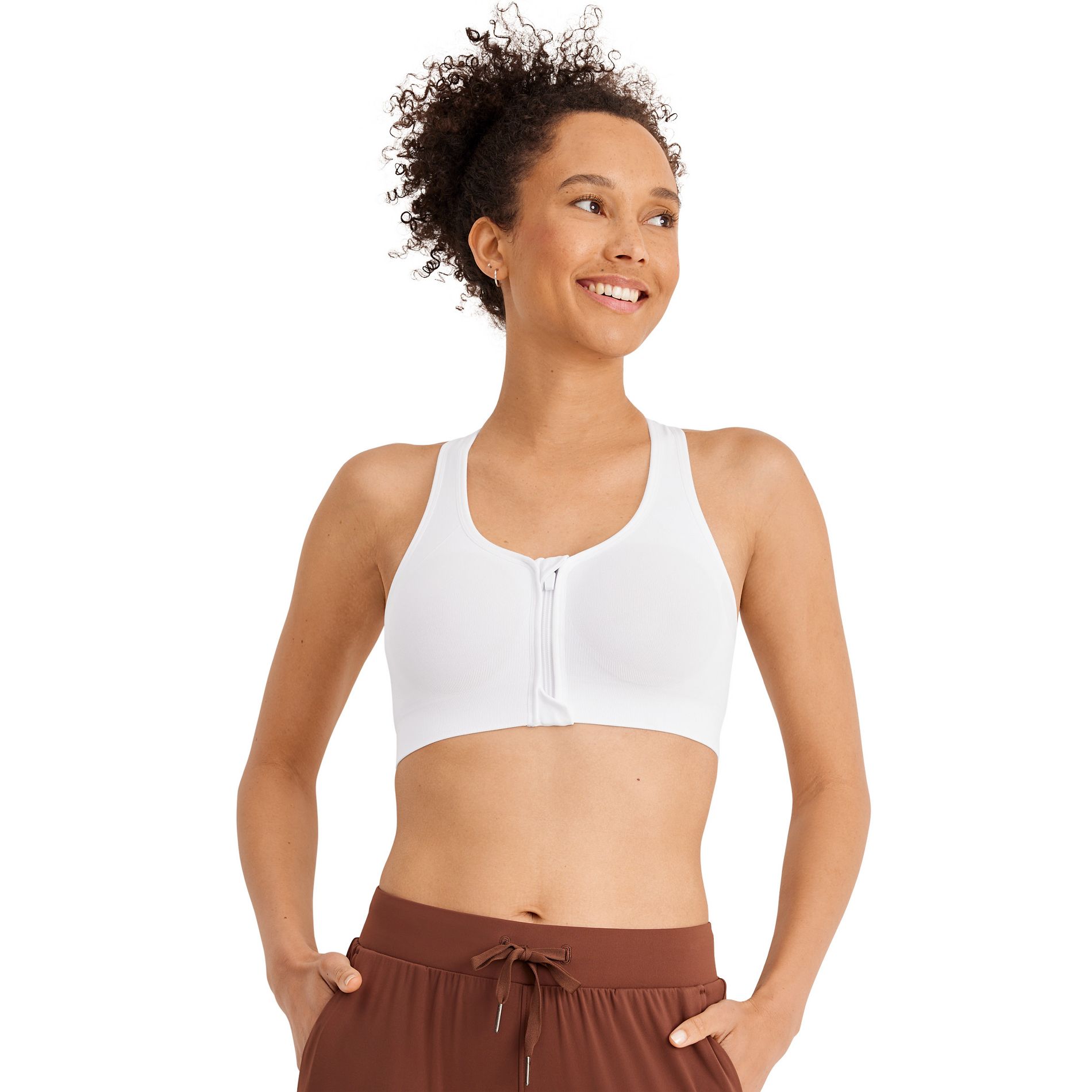 Jockey Women's Seamfree Mid Impact Zip Front Sports Bra M White Snow
