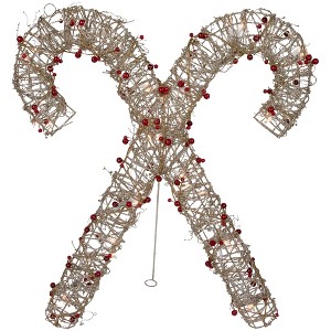 Northlight 25" Lighted Champagne Gold Glittered Rattan Double Candy Cane Christmas Outdoor or Window Decoration - 1 of 4