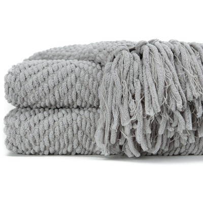 Silver Knitted Throw Blanket with Tassels, 50" x 65"