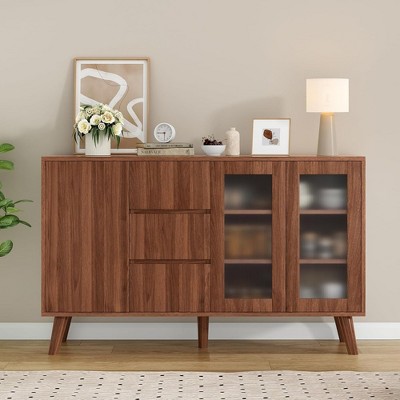 SEVOBAL 55.5" Coffee Bar 3 Drawers Pop-Up Doors Farmhouse Buffet Cabinet Large Sideboard Dining Room Kitchen Hallway, Brown, 16.53"*55.11"*33.85"
