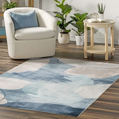 Blue Abstract Washable Non-slip Synthetic Area Rug, 3 x 5 ft