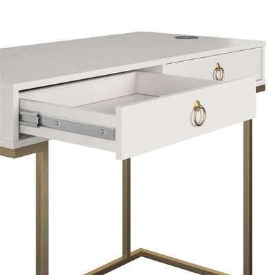 Camila White 44" Modern Writing Desk with Gold Accents & Wireless Charging