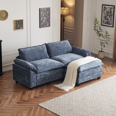 Karl Home |120 in. W Pillow Top Arm Double-layer Cushion Chenille Sofa in Blue With Ottoman