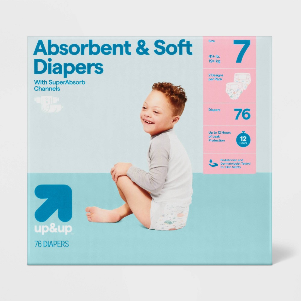 disposable diapers - size 7 - 76ct - up&up™: 41+ lbs, absorption channels, wetness indicator, hypoallergenic