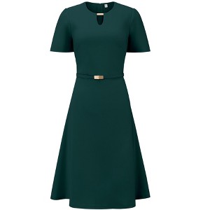 INSPIRE CHIC Women's Elegant A-Line Choker V Neck Belted Wear to Work Fit and Flare Dress - 1 of 4
