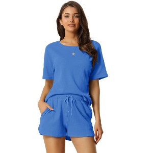 cheibear Women's Casual Pullover Short Sleeve Sleepshirt with Shorts Waffle Pajama Sets - 1 of 4
