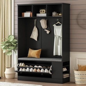Modern Hall Tree Bench, 3 Hooks & Shoe Storage Combo, 5-in-1 Entryway Solution with Comfortable Cushion for Home Organization - 1 of 4