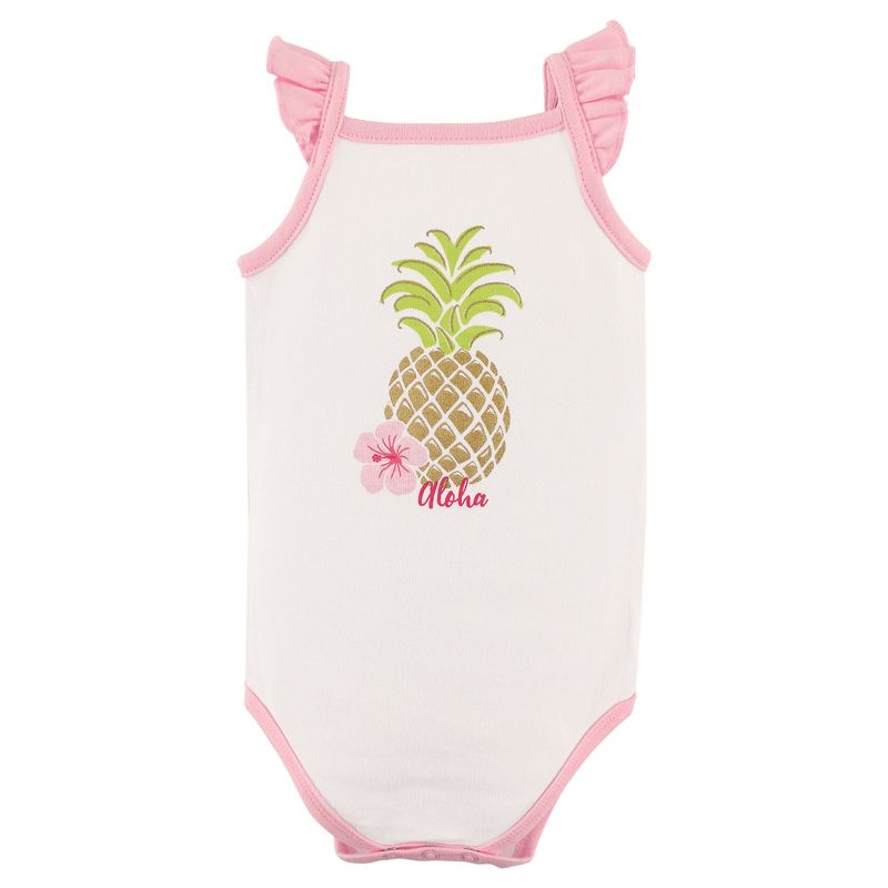 Hudson Baby Infant Girl Cotton Sleeveless Bodysuits 5pk, Pineapple, 3 of 8