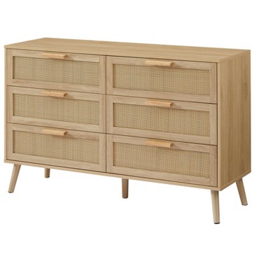 Lyngins Modern 6-Drawers Dresser,Wood Chest of Drawers with Rattan Drawers,Storage Furniture for Bedroom,Living Room