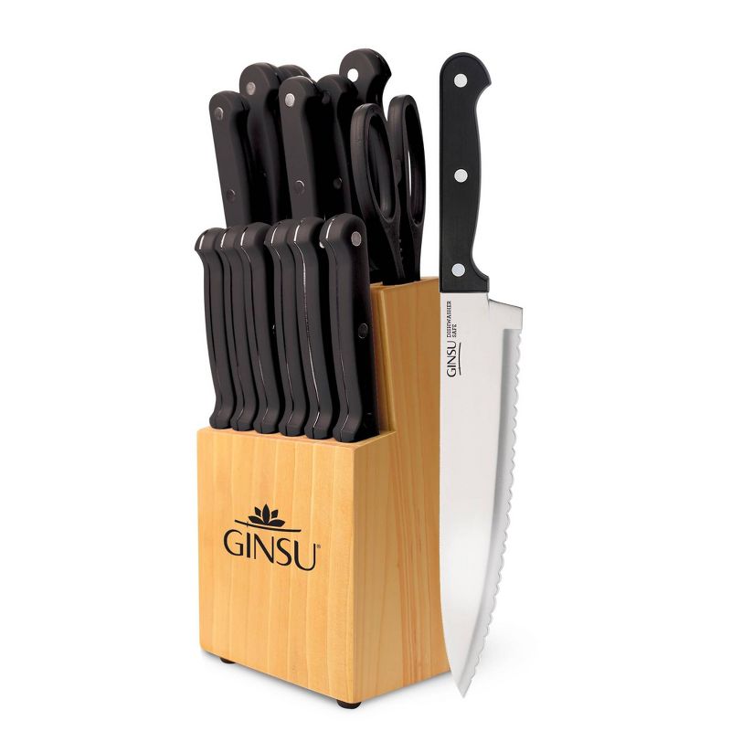 Ginsu Kiso Dishwasher Safe 14pc Knife Block Set Natural with Black Handles, 1 of 9