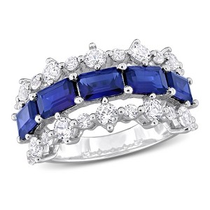 EVERLY JEWELRY | Sterling Silver 6 4/5 ct TGW Emerald-cut Created Blue and White Sapphire Three-Row Ring - 1 of 4