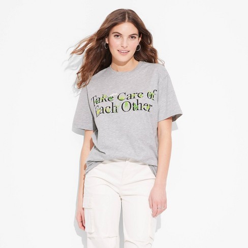 Women's Take Care Of Each Other Oversized Short Sleeve Graphic T-shirt -  Heather Gray Xs : Target