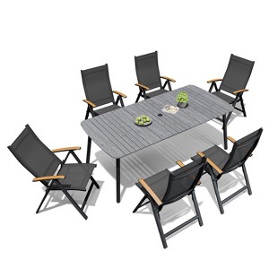 Crestlive Products 7pc Outdoor Dining set Patio Rectangle Table with Folding Chairs Aluminum Frame with Wood-Like Tabletop and Umbrella Hole - 1 of 4