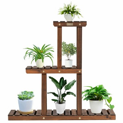 Costway Wood Plant Stand 3-Tier Plant Pot Holder Vertical Carbonized Planter Holder