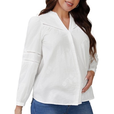 INSPIRE CHIC Women's Maternity Button Down Shirts Long Sleeve Jacquard Cotton Prenancy Semi Sheer Blouse Work Office