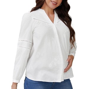 INSPIRE CHIC Women's Maternity Button Down Shirts Long Sleeve Jacquard Cotton Prenancy Semi Sheer Blouse Work Office - 1 of 4