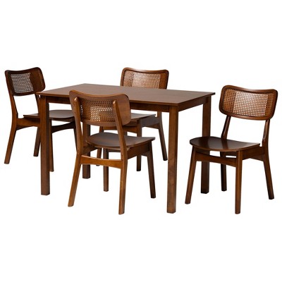 Walnut Brown and Light Brown Wood and Rattan 5-Piece Dining Set