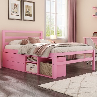 Full Size Platform Bed with Removable Storage Shelves and Built-in Two Storage Drawers