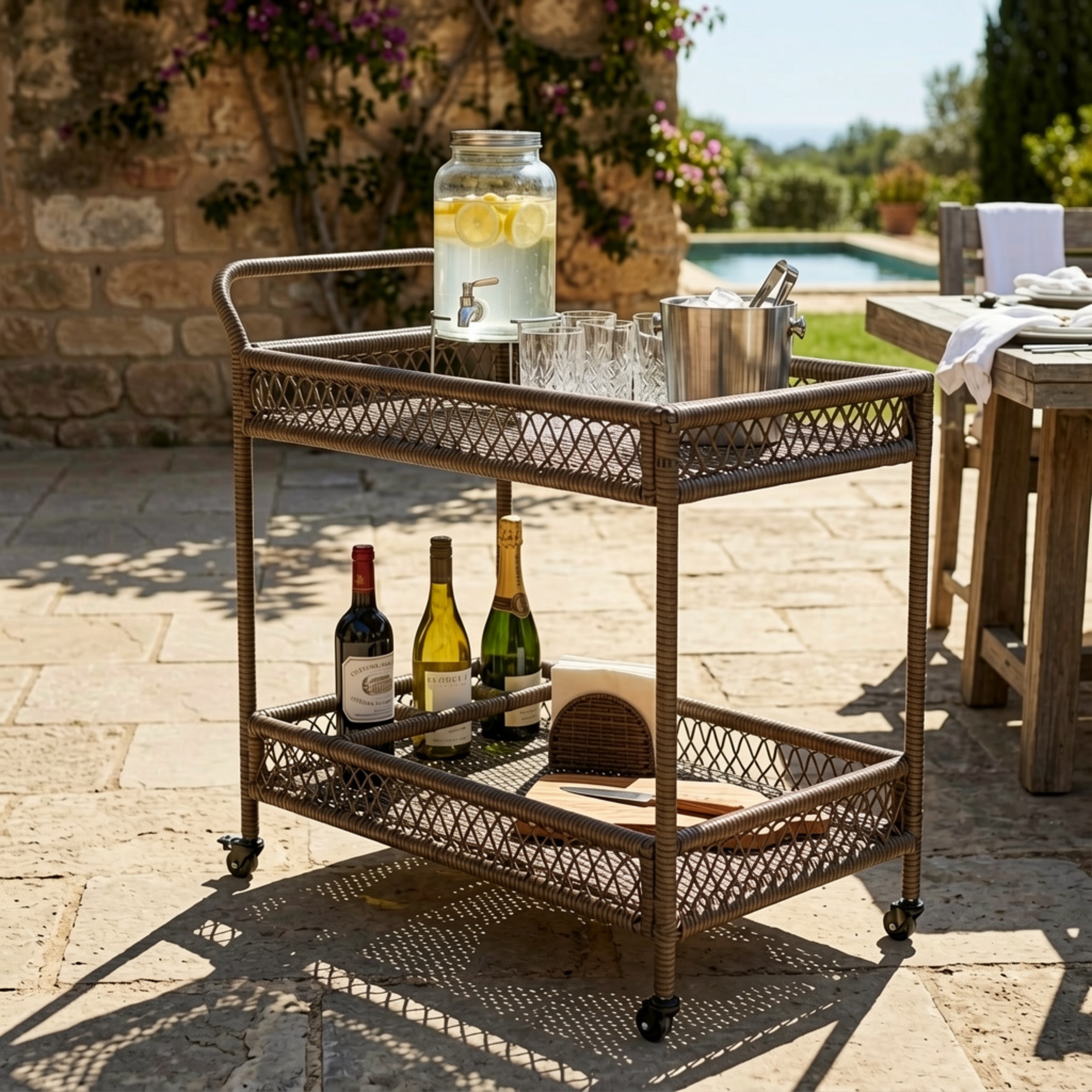 Christopher Knight Home Zola Rustic 2-Tier Patio Metal and PE Wicker Bar Cart Chair with Bottle Rack and Locking Casters, Dark Brown