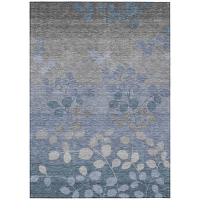 Denim Blue And Gray Floral Washable Indoor Outdoor Area Rug