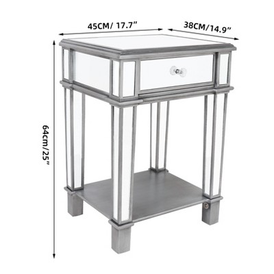 Artloge 17.7x14.9x25 inch Silver Glass Mirrored Side Table Nightstand End Table with Open Shelf for Bedroom
