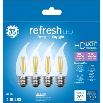 GE 4pk 25W Refresh LED CAM Decorative Light Bulbs Daylight: 25 Watt Equivalent, Dimmable, Chandelier, Energy Star Certified