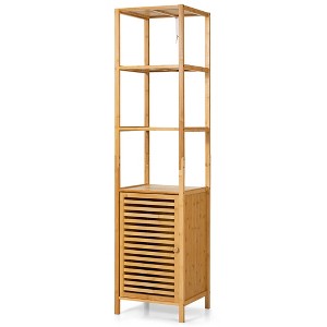 Costway 4 Tiers Bamboo Bathroom Storage Floor Cabinet Tower Corner Rack w/ Louvered Door - 1 of 4