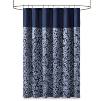Navy Paisley Jacquard Shower Curtain with Color Block Panel
