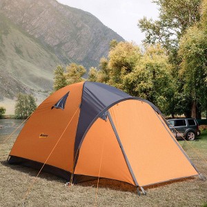 Resenkos 4-Person Camping Tent with Porch, Gear 3 Doors & Windows, Outdoor Dome Tent for Backpacking, Hiking, Beach, Orange - 1 of 2