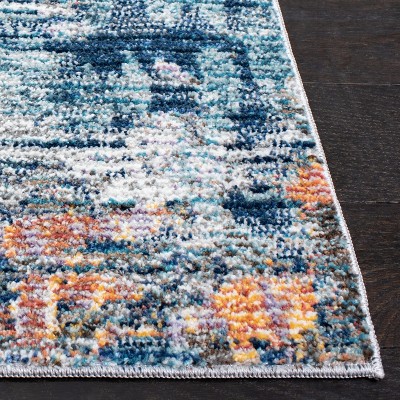 Ivory and Blue Abstract Hand-knotted Runner Rug