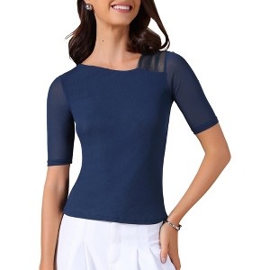 INSPIRE CHIC Women's Half See-through Sleeves Irregular Neckline Solid Color Stretchy T-Shirts - 1 of 4