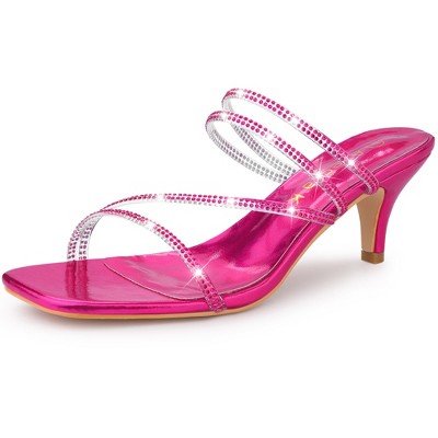 Allegra K Women's Rhinestone Strappy Square Toe Kitten Heel Slide Sandals