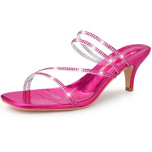 Allegra K Women's Rhinestone Strappy Square Toe Kitten Heel Slide Sandals - 1 of 4