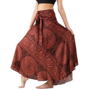 Women's Boho Maxi Skirt - Floral Print Long Flowy Skirt Blossom Orange - 1 of 4