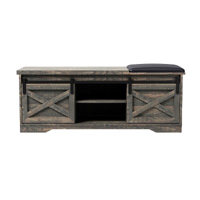 HomeRoots 47" Dark Brown Faux Leather Upholstered Storage Bench with Shelves