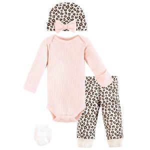 Hudson Baby Girls Thermal Preemie Layette Set 4pc Long Sleeve Outfit, Leopard, Preemie - 1 of 4