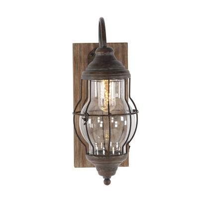 Photo 1 of 17 in. Brown Wood and Iron LED Wall Sconce