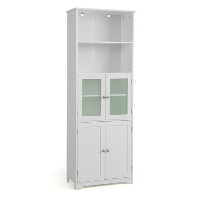 Tall Bathroom Storage Cabinet with Glass Doors,Open Compartment Adjustable  Shelves, Bathroom Kitchen Large Linen Cabinet, White 