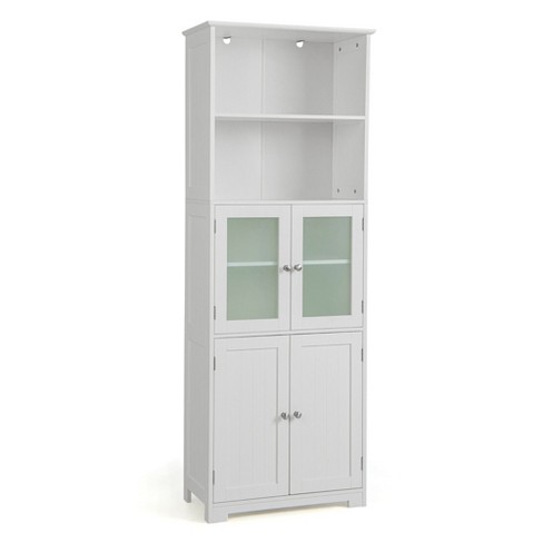 kleankin Slim Bathroom Storage Cabinet, Floor Standing Bathroom Organizer,  Linen Tower with Open Shelves and Glass Door, Gray