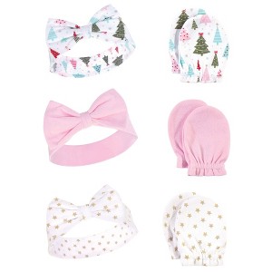 Hudson Baby Infant Girls Cotton Headband and Scratch Mitten 6pc Set, Sparkle Trees, 0-6 Months - 1 of 1