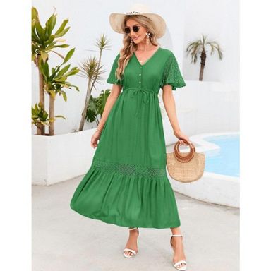Coolmee Women's Short Sleeve Maxi Dress V Neck High Waist Lace Dress Casual Flowy A Line Beach Dress Dark green XL