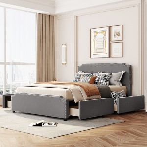 Queen Size Upholstered Platform Bed with Stud Trim Headboard and 4 Drawers - 1 of 4