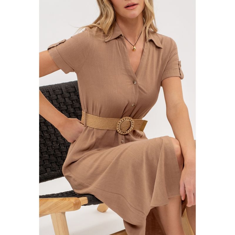 August Sky Women's Spread Collar Front Button Up Belted Midi Shirtdress, 4 of 7