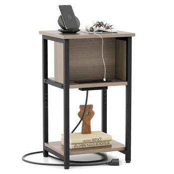 Costway 1/2 PCS Nightstand 3-Tier End Table with Charging Station USB Ports & Power Outlets Grey & Black